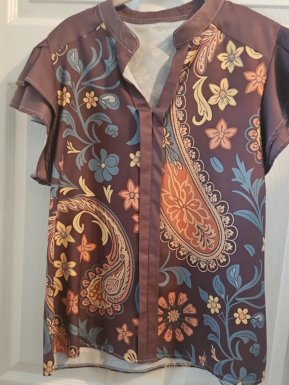 Floral Paisley Brown Short-Sleeve Blouse - L